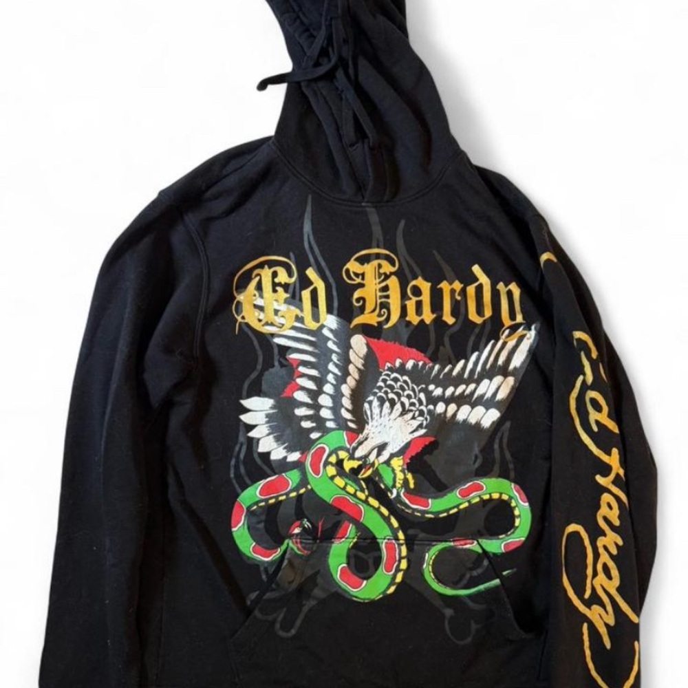 Ed Hardy Black Hoodie with Eagle and Snake Graphic